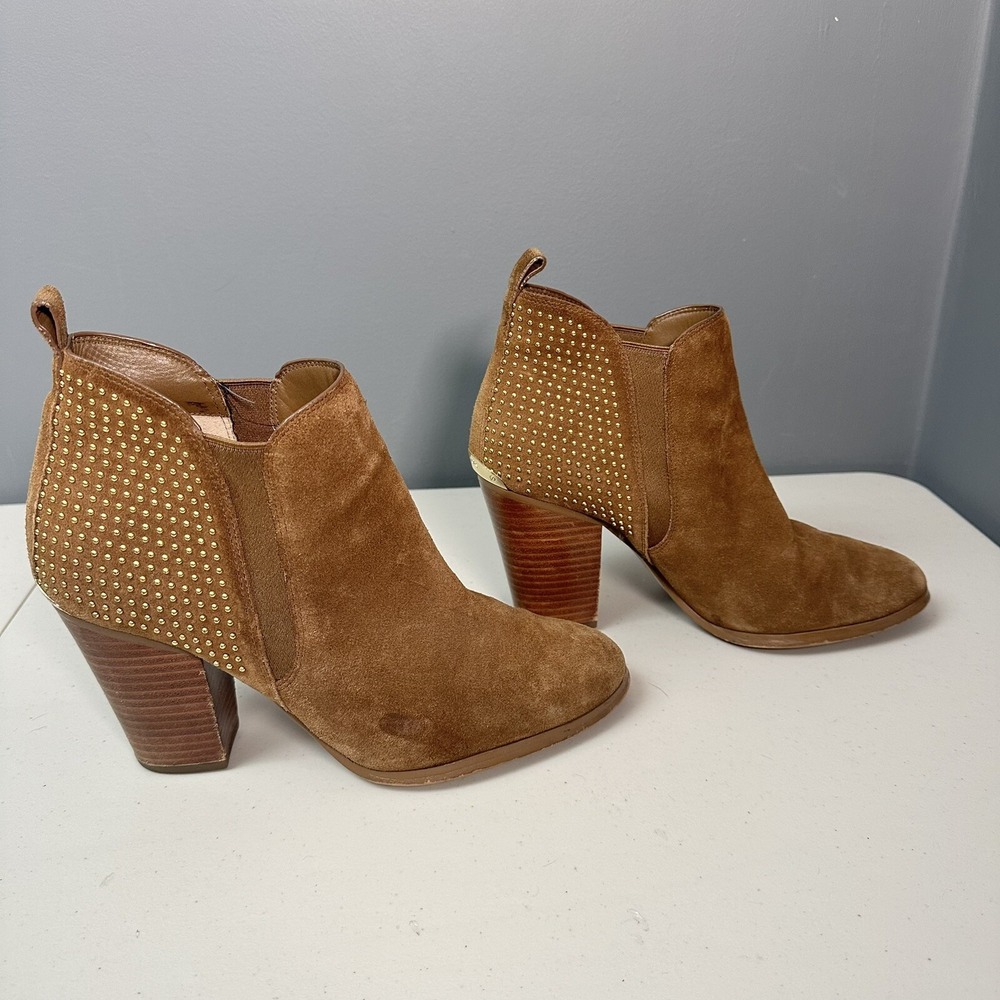 Michael Kors Womens 9.5C Camel Suede Studed Western booties 3 In Heel Boho - Picture 2 of 7